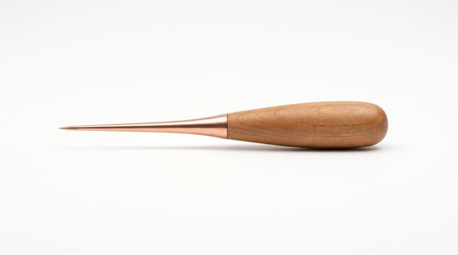 Copper bookbinding awl with wooden handle isolated on white background