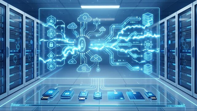 Data center server room digital security cloud computing network connection data storage technology cybersecurity encryption secure access information transfer futuristic interface electric blue