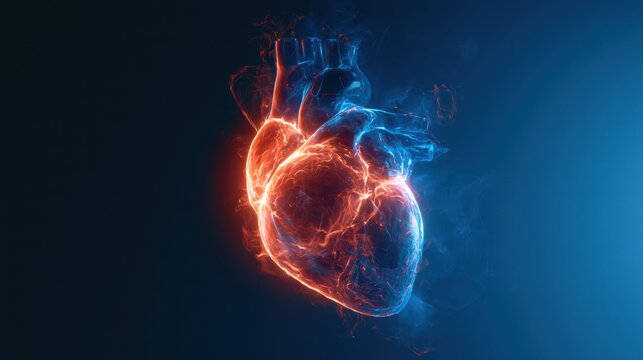 A bright backdrop shows a heart glowing warmly with edges of blue light. The heart is cooling and radiates comfort.