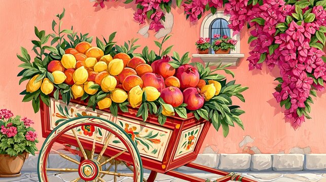 Hand-painted illustration of a traditional Sicilian fruit cart filled with ripe lemons, blood oranges, and pomegranates, set against a vibrant wall adorned with bougainvillea