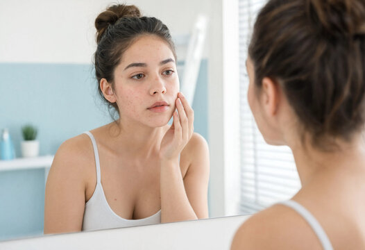 Young Woman Examining Her Skin Condition In Front Of A Mirror In A Bright Bathroom.
