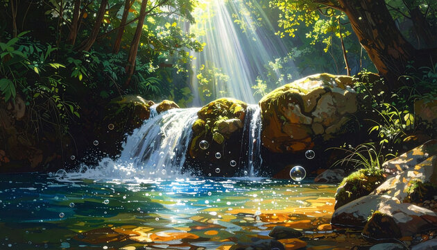 Waterfall sunlight forest