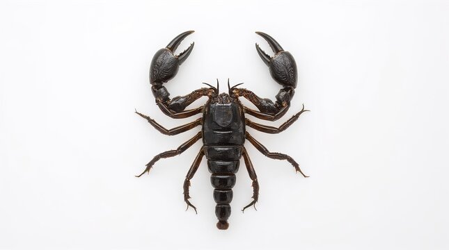 Black scorpion with large pincers presenting danger and fear, isolated against a seamless white background
