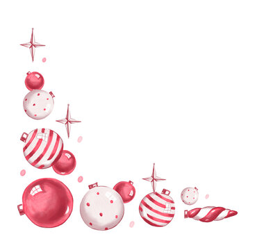 Watercolor red Christmas ornaments corner	
