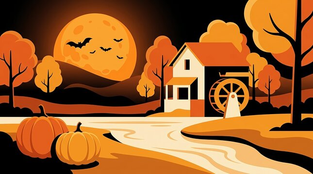 Halloween scene with water mill and pumpkins in autumn landscape under full moon