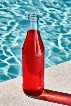 Clear glass bottle filled with bright cherry-red soda positioned beside shimmering turquoise pool water, showcasing condensation droplets and reflections under midday sunlight