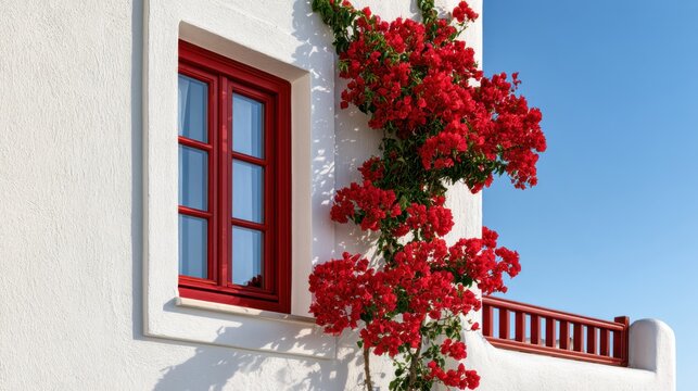 Mediterranean facade featuring a vibrant cherry-red French window adorned with climbing red bougainvillea against a clean white wall under a clear blue sky