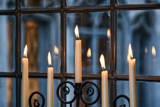 Slender lit candles in ornate black wrought-iron candelabrum viewed through an old multi-pane window, flickering flames casting subtle reflections on the glass