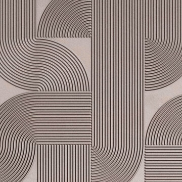 Retro geometric tile pattern with curved linear shapes in neutral grey and beige tones, creating a modern abstract design.