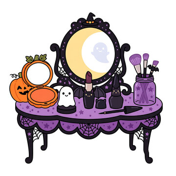 Halloween vanity table with makeup and ghost decor, cute spooky aesthetic illustration.