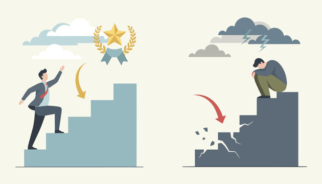 Two panels illustration showing a successful career path compared with professional failure and business crisis.