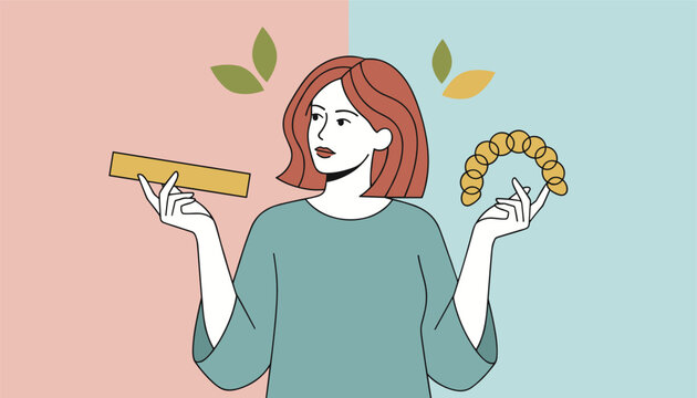 Thoughtful woman comparing a straight wooden ruler and a curly golden spiral chain representing options and choice.