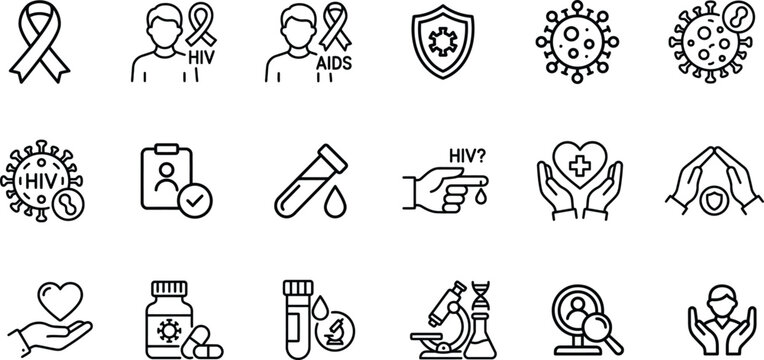 HIV AIDS Awareness and Prevention Outline Icons for Apps, Websites, Healthcare, Medical Education and Public Health Design