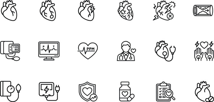 Heart Disease Outline Icons for Apps, Websites, Healthcare, Medical Education and Awareness Design