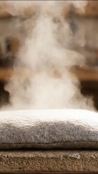 Thick white steam rising from soft textured cushion in this high quality motion.