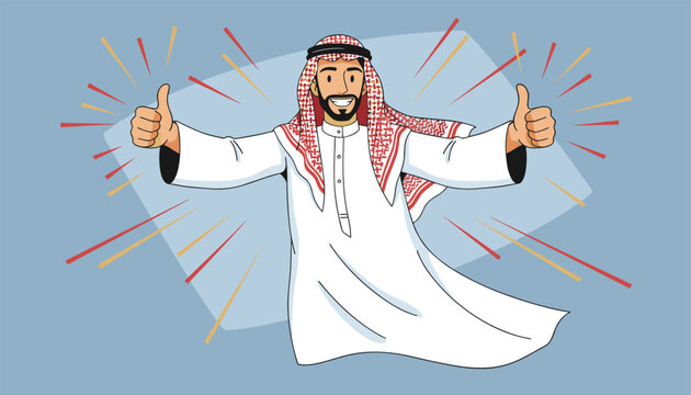 Arab man in traditional thobe and shemagh smiling and giving double thumbs up to express success, approval, and happiness.
