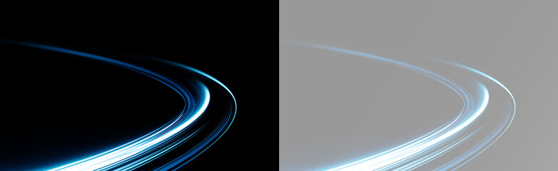 Blue glowing wave with layered curved lines and a dynamic motion trail, bright cyan light streaks sweeping through the wide smooth curved path © theladydarina