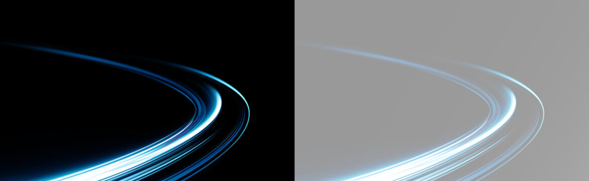 Blue glowing wave with layered curved lines and a dynamic motion trail, bright cyan light streaks sweeping through the wide smooth curved path