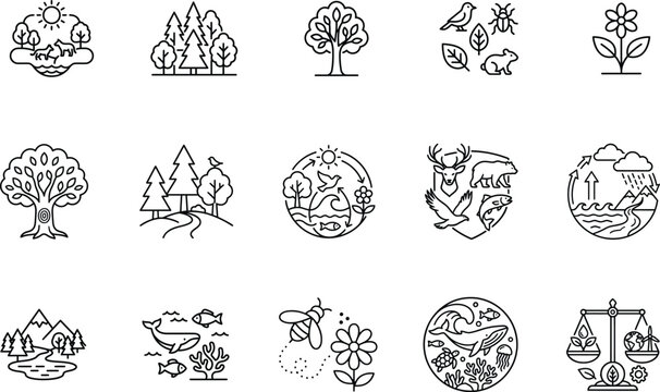 Ecosystem and Biodiversity Outline Icons for Apps, Websites, Environmental Education, Branding and Nature Design