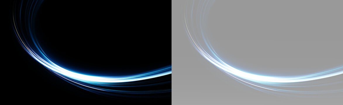Blue glowing wave with layered curved lines and a dynamic motion trail, bright cyan light streaks sweeping through the wide smooth curved path
