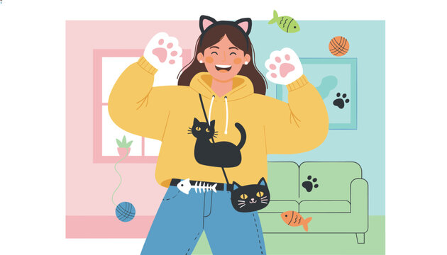 Happy young woman dressed in a cat cosplay costume with cat ears, paw gloves, and a shoulder bag in her colorful room.