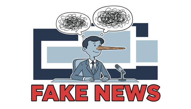 Male news anchor with a long pinocchio nose representing a liar sits at a broadcasting desk under scribbled thought bubbles.