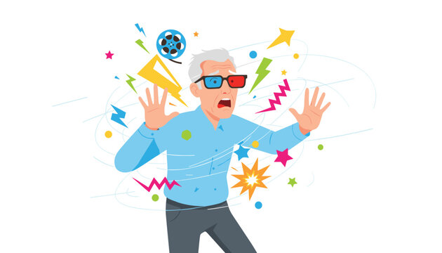 Overwhelmed senior man wearing 3D glasses being startled by flying colorful shapes, lightning bolts, and movie reels.