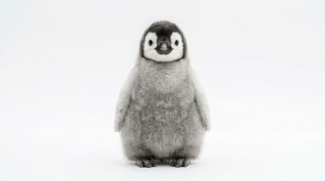 Cute baby emperor penguin chick standing on white background with cute animal polar bird flightless bird young penguin fluffy chick antarctic animal portrait adorable feathers wildlife