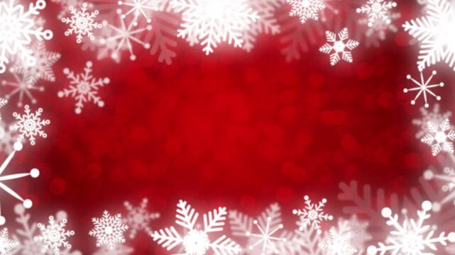 Festive red gradient seamless background Rotating snowflakes moving along edges Create elegant animated frame Glowing bokeh particles add sparkle Copy space for text greetings seasonal designs