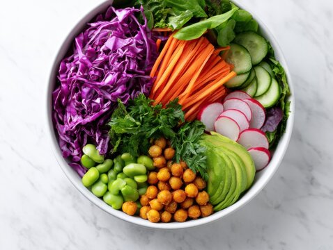 Ultra realistic colorful vegan rainbow salad with shredded purple cabbage, carrots, cucumber, radishes, edamame, avocado, roasted chickpeas, and fresh herbs on a marble background