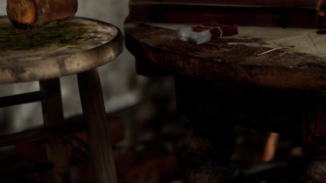 Two wooden stools are placed near a worn table in an old room. One stool has green moss on it. The scene is dimly lit, showing a few scattered objects nearby.