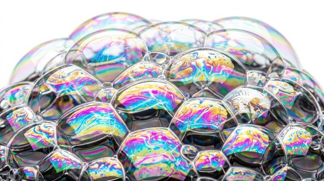 Colorful soap bubbles cluster closeup showing iridescent rainbow colors on white background with soap foam water drops round shape light reflection iridescent transparent spectrum cleaning