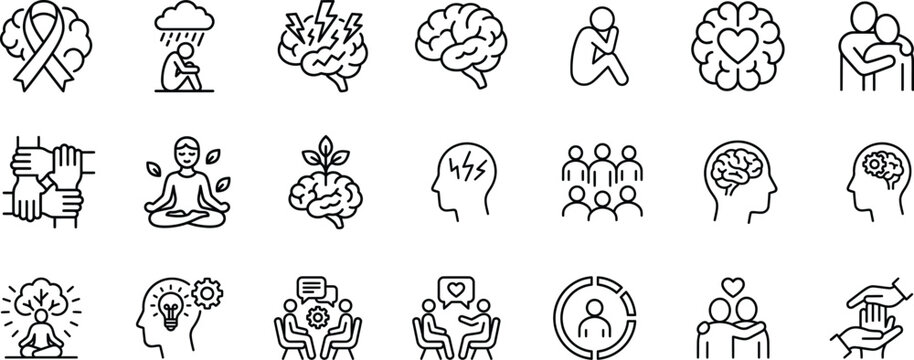 Depression and Mental Health Outline Icons for Apps, Websites, Healthcare, Awareness and Wellness Design