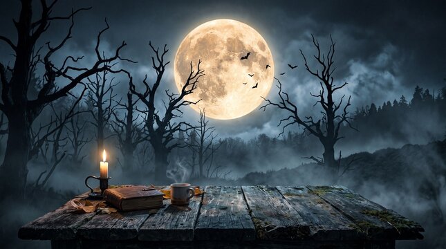 Old wood table and silhouette dead tree at night for Halloween background.