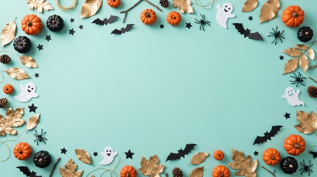 Halloween frame with party decorations of pumpkins, bats, ghosts, spiders on blue background from above. Happy halloween card in flat lay style.