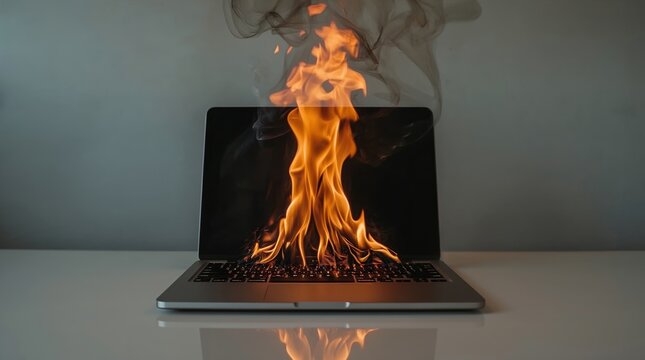 Laptop computer burning with flames and smoke, symbolizing technology problems, stress, and data crisis