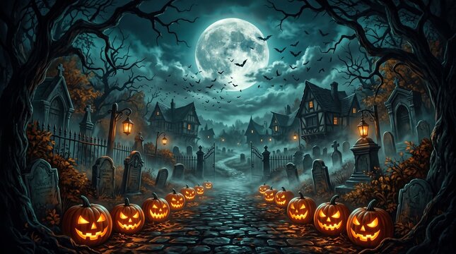 Halloween pumpkin head jack lantern with burning candles, Spooky Forest with a full moon and wooden table, Pumpkins In Graveyard In The Spooky Night - Halloween Backdrop. Ai Generative
