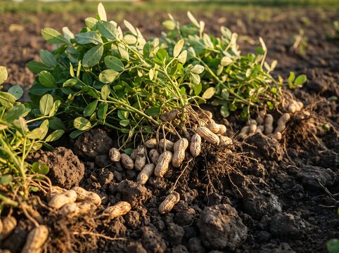 Fresh peanut plants in fertile soil with exposed pods, agriculture harvest and farming concept