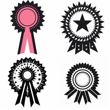 Set of award ribbon silhouettes and rosette badges for achievement and victory recognition