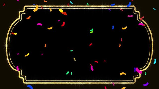 Golden glowing number two countdown followed by festive fireworks and colorful confetti falling within a decorative frame with animation transitioning celebratory video golden celebration sparkling