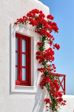 Mediterranean facade featuring a vibrant cherry-red French window adorned with climbing bougainvillea against a clean white wall under a clear blue sky