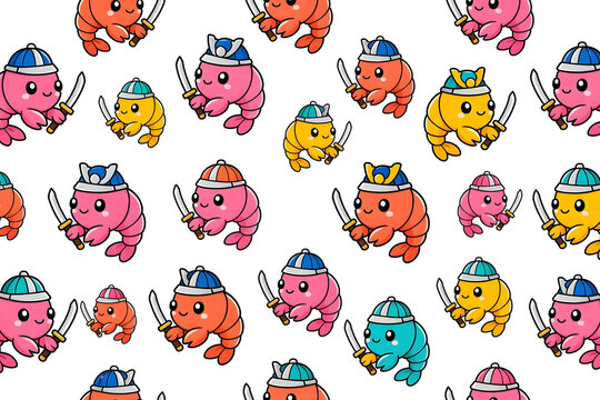 Seamless pattern of cute Japanese pop art samurai shrimp characters
