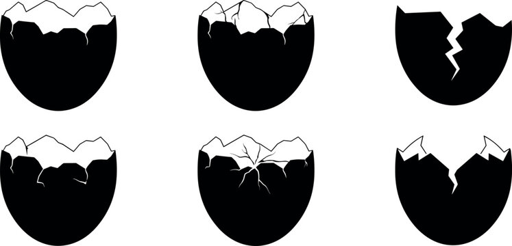 Cracked eggshell silhouette icon set showing various broken egg shells for easter cooking and hatching concepts