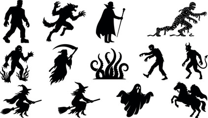 Obraz premium Spooky Halloween Monster Silhouette Vector Set Featuring Dracula Werewolf Grim Reaper Mummy Ghost and Headless Horseman for Horror Party Graphic Designs