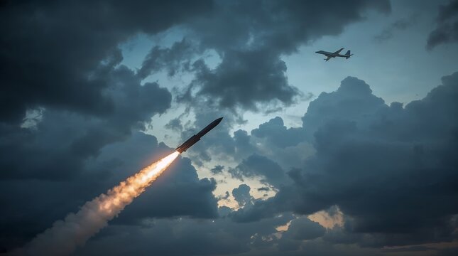 Powerful rocket ascent with fiery exhaust trail, symbolizing space exploration, technology, and global connectivity in a dynamic sky