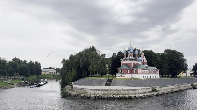UGLICH, RUSSIA &ndash; JULY 26, 2020. View from a cruise ship of the Church of Tsarevich Demetrius on the Blood in the Uglich Kremlin. 