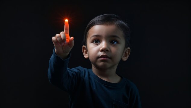 Young child pointing glowing finger, interacting with invisible screen, digital future concept
