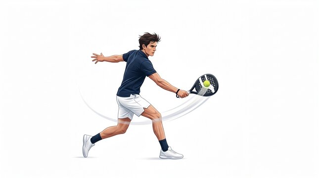 Young male athlete executing powerful padel forehand shot on white court in dynamic motion