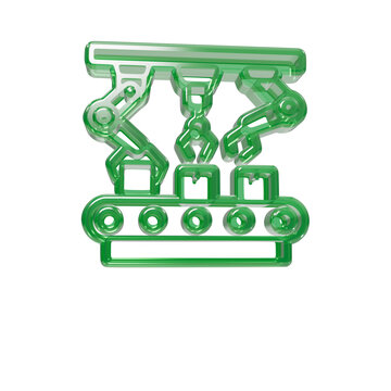Factory automation icon 3d render featuring robotic arms and conveyor belt isolated on transparent background.