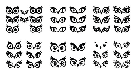 Fototapeta premium Collection of black and white owl head vector illustrations on a white background